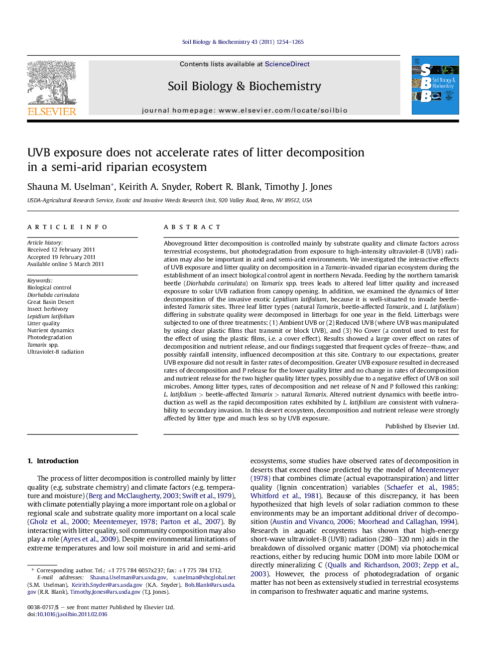 UVB exposure does not accelerate rates of litter decomposition in a semi-arid riparian ecosystem