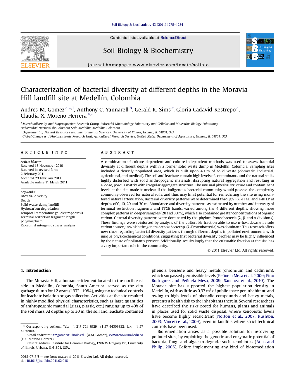 Characterization of bacterial diversity at different depths in the Moravia Hill landfill site at Medellín, Colombia