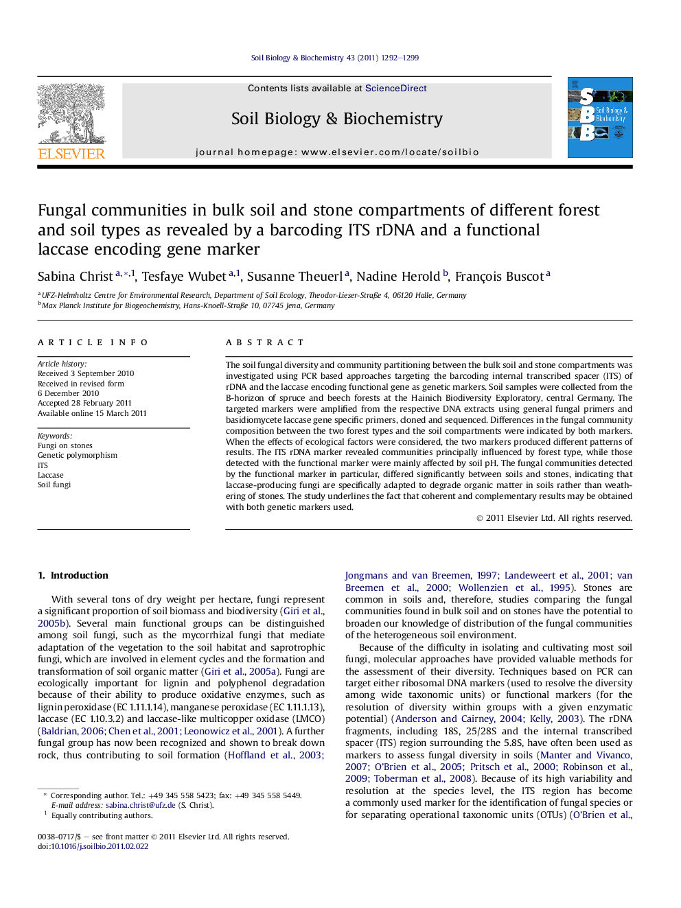 Fungal communities in bulk soil and stone compartments of different forest and soil types as revealed by a barcoding ITS rDNA and a functional laccase encoding gene marker