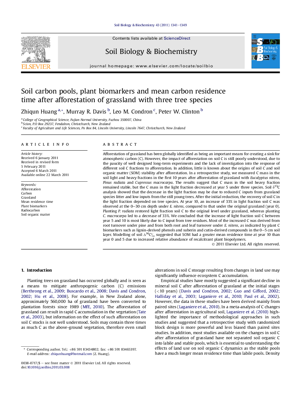 Soil carbon pools, plant biomarkers and mean carbon residence time after afforestation of grassland with three tree species