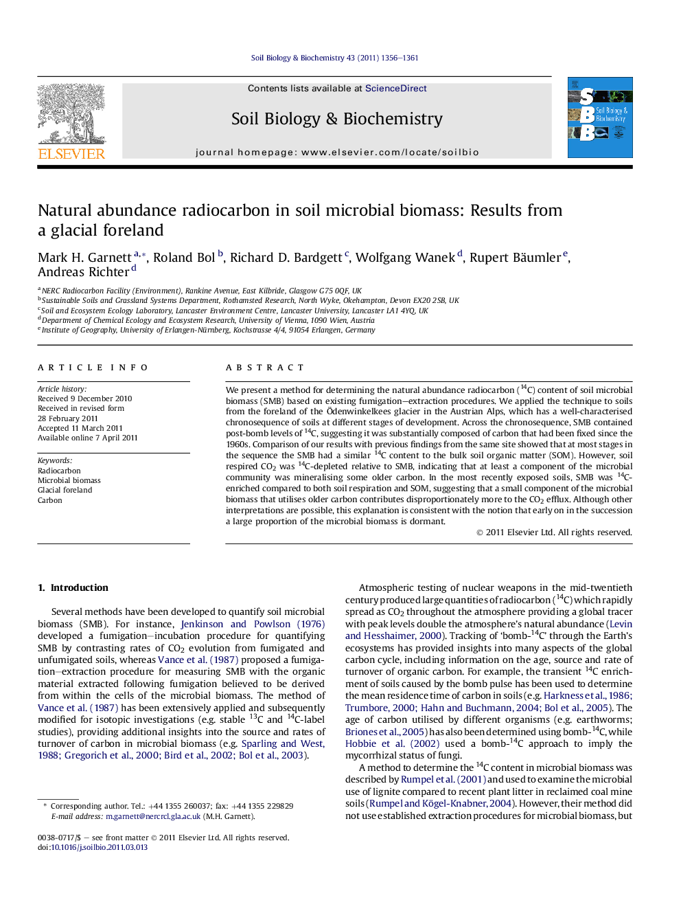 Natural abundance radiocarbon in soil microbial biomass: Results from a glacial foreland