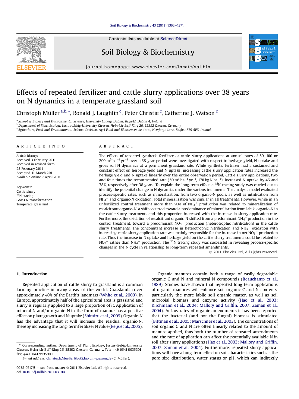 Effects of repeated fertilizer and cattle slurry applications over 38 years on N dynamics in a temperate grassland soil