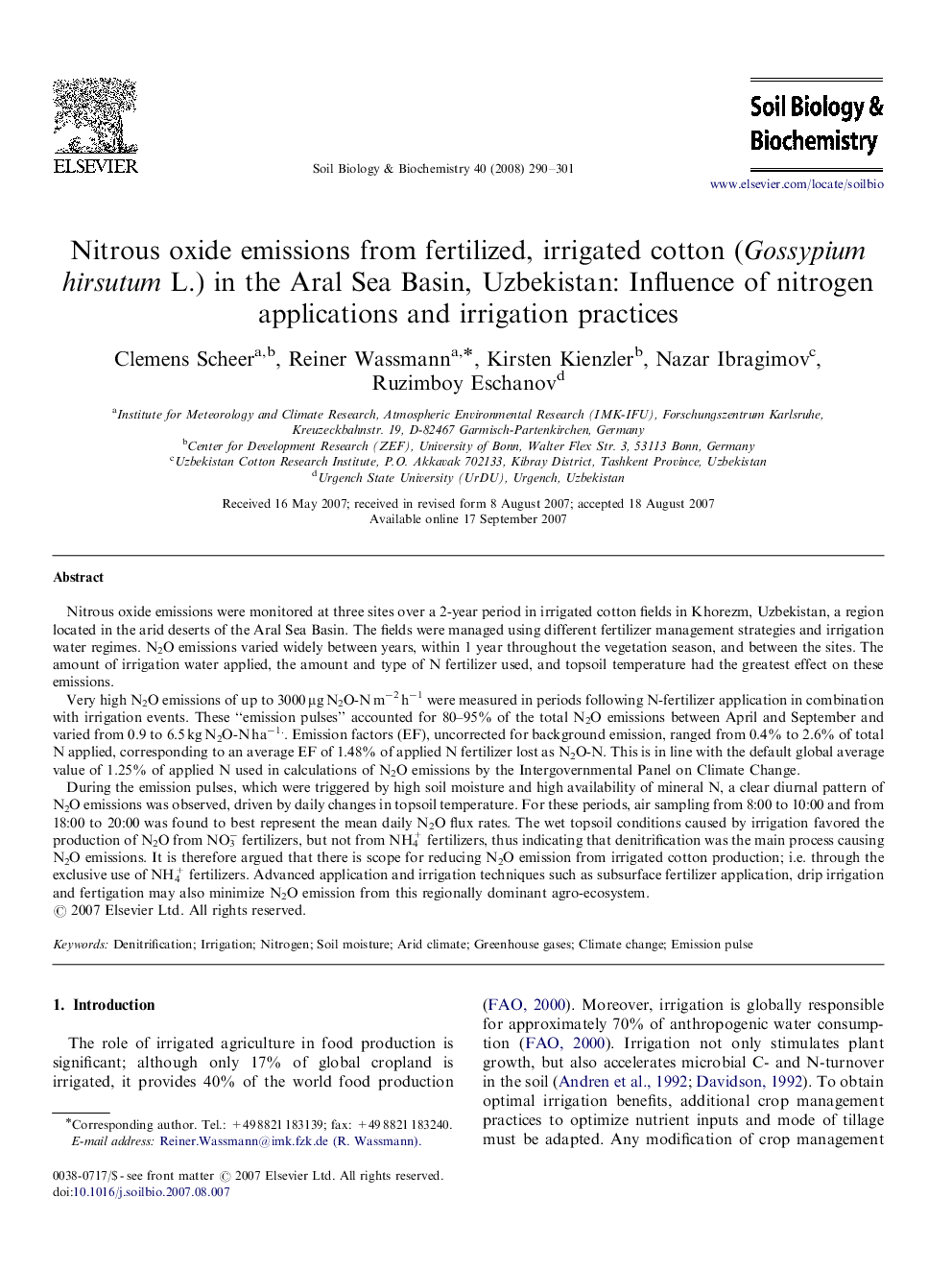 Nitrous oxide emissions from fertilized, irrigated cotton (Gossypium hirsutum L.) in the Aral Sea Basin, Uzbekistan: Influence of nitrogen applications and irrigation practices