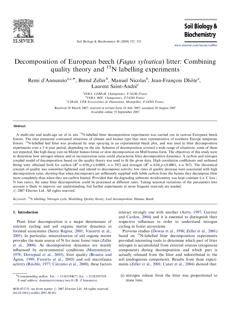 Decomposition of European beech (Fagus sylvatica) litter: Combining quality theory and 15N labelling experiments