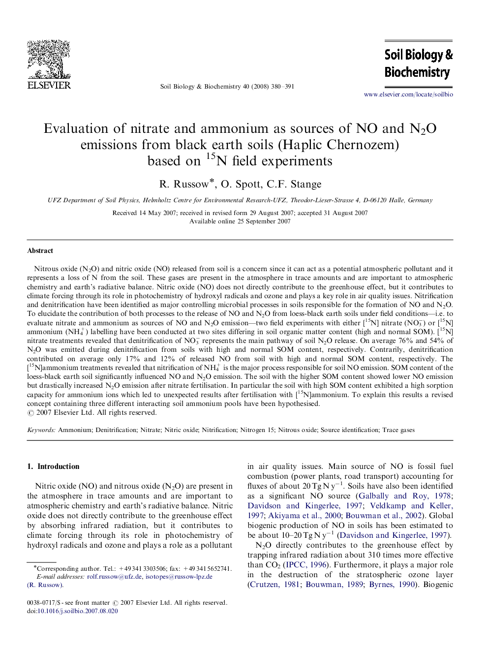 Evaluation of nitrate and ammonium as sources of NO and N2O emissions from black earth soils (Haplic Chernozem) based on 15N field experiments