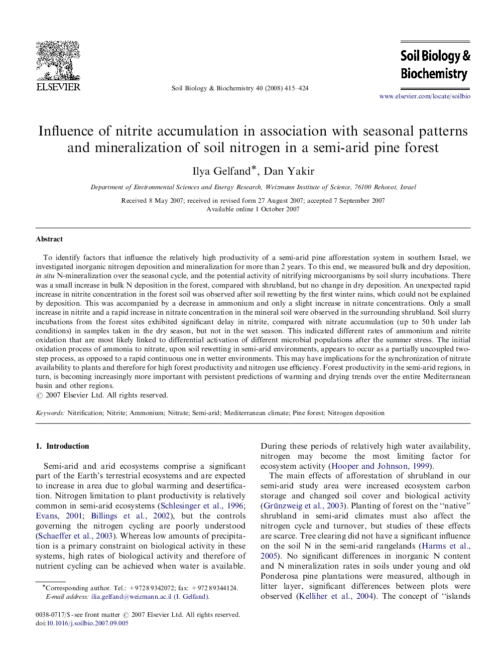 Influence of nitrite accumulation in association with seasonal patterns and mineralization of soil nitrogen in a semi-arid pine forest