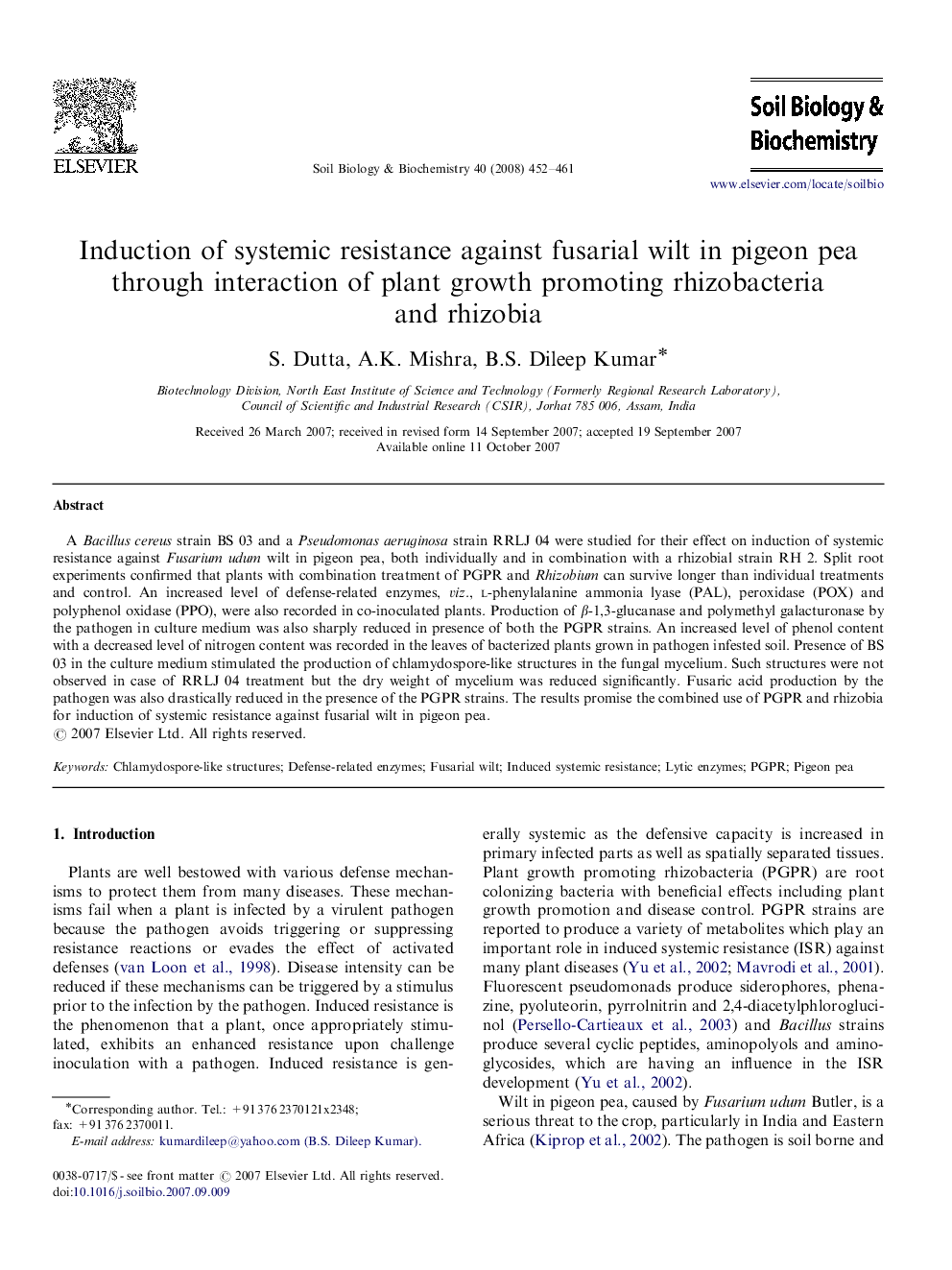 Induction of systemic resistance against fusarial wilt in pigeon pea through interaction of plant growth promoting rhizobacteria and rhizobia