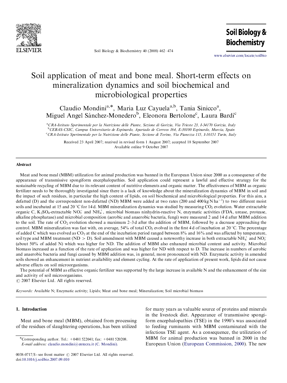 Soil application of meat and bone meal. Short-term effects on mineralization dynamics and soil biochemical and microbiological properties