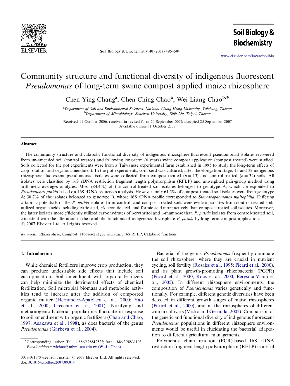 Community structure and functional diversity of indigenous fluorescent Pseudomonas of long-term swine compost applied maize rhizosphere