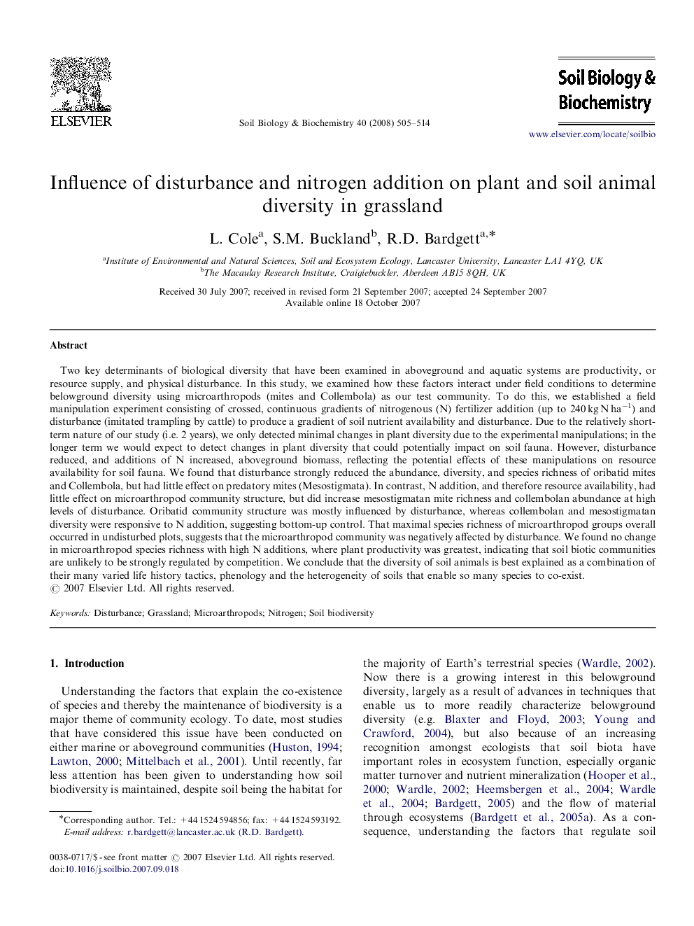 Influence of disturbance and nitrogen addition on plant and soil animal diversity in grassland