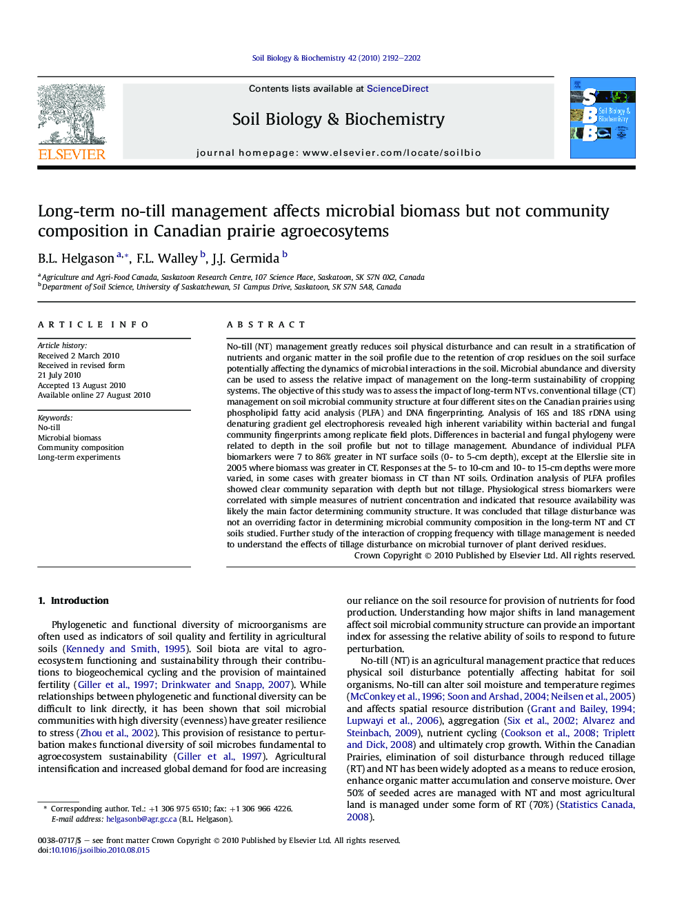 Long-term no-till management affects microbial biomass but not community composition in Canadian prairie agroecosytems