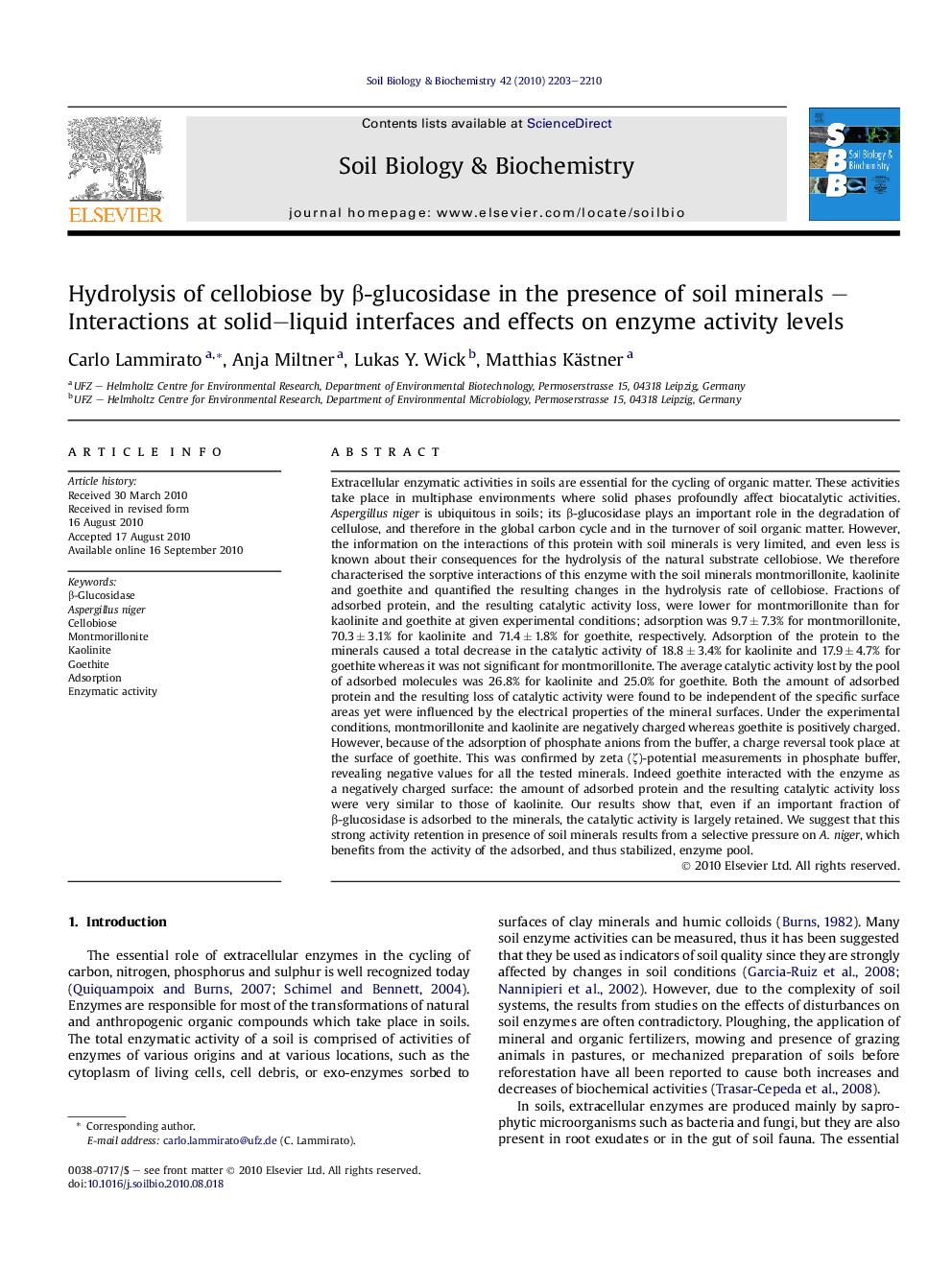 Hydrolysis of cellobiose by β-glucosidase in the presence of soil minerals – Interactions at solid–liquid interfaces and effects on enzyme activity levels