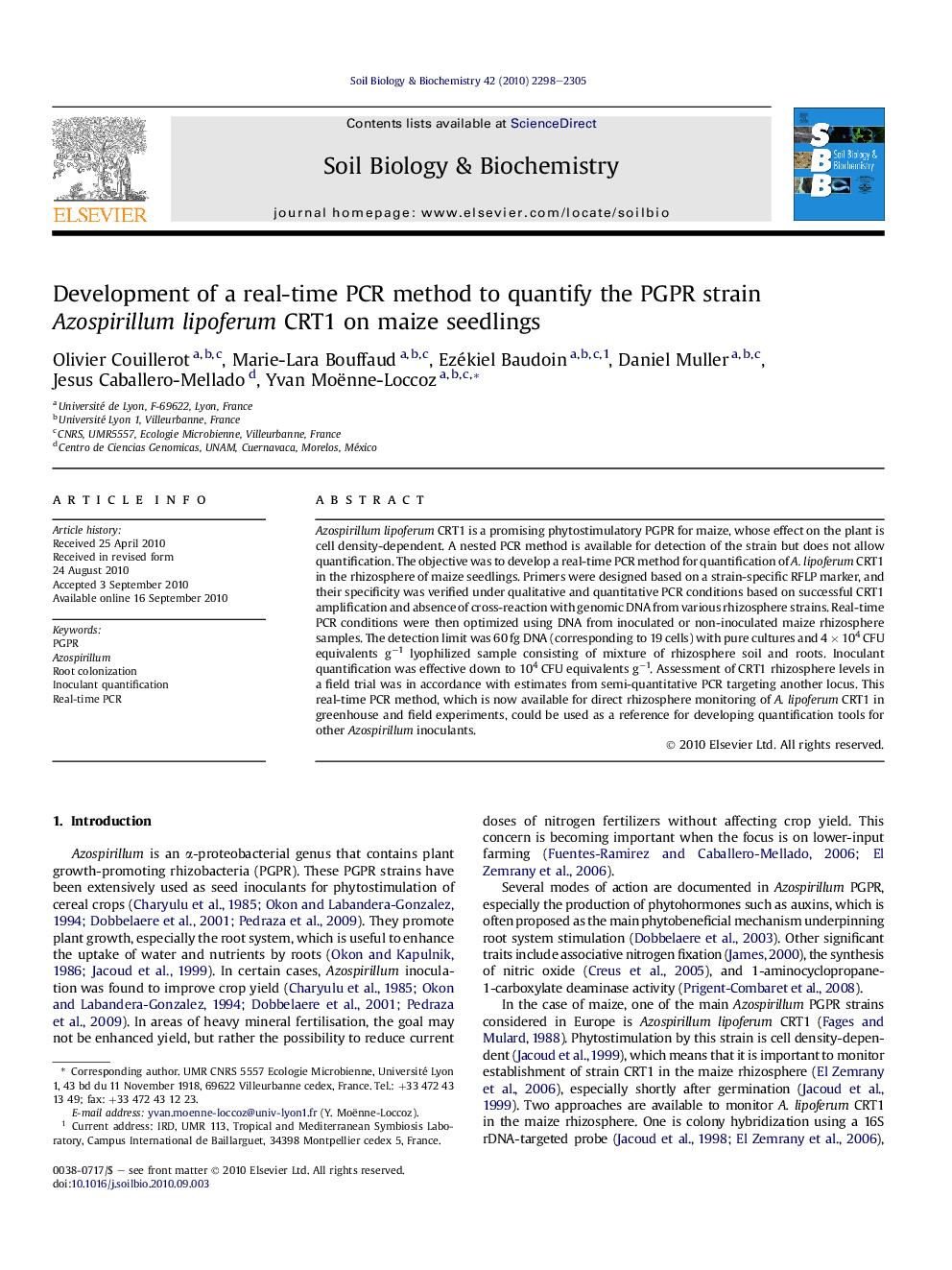 Development of a real-time PCR method to quantify the PGPR strain Azospirillum lipoferum CRT1 on maize seedlings