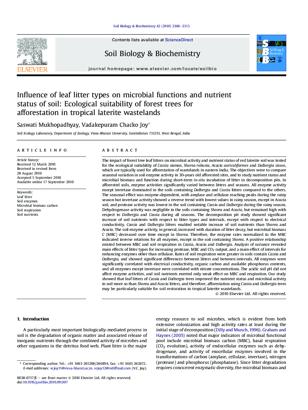 Influence of leaf litter types on microbial functions and nutrient status of soil: Ecological suitability of forest trees for afforestation in tropical laterite wastelands