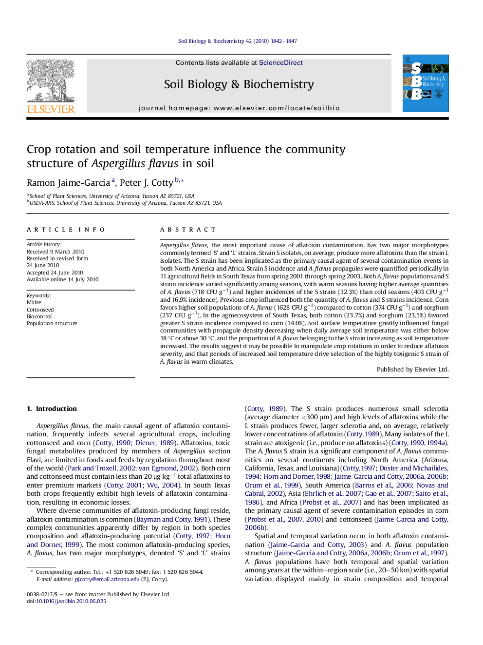 Crop rotation and soil temperature influence the community structure of Aspergillus flavus in soil