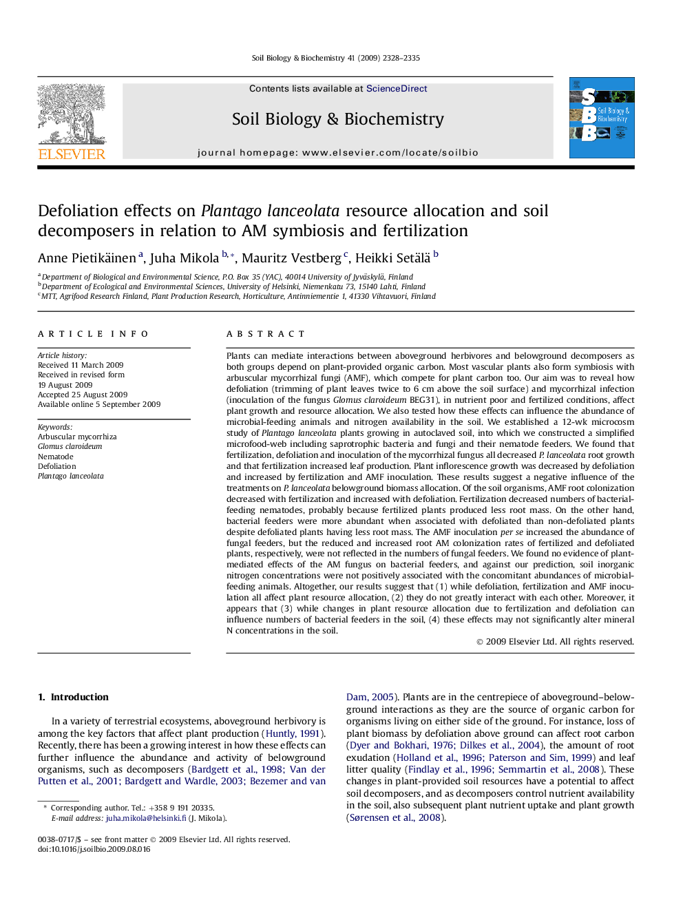 Defoliation effects on Plantago lanceolata resource allocation and soil decomposers in relation to AM symbiosis and fertilization