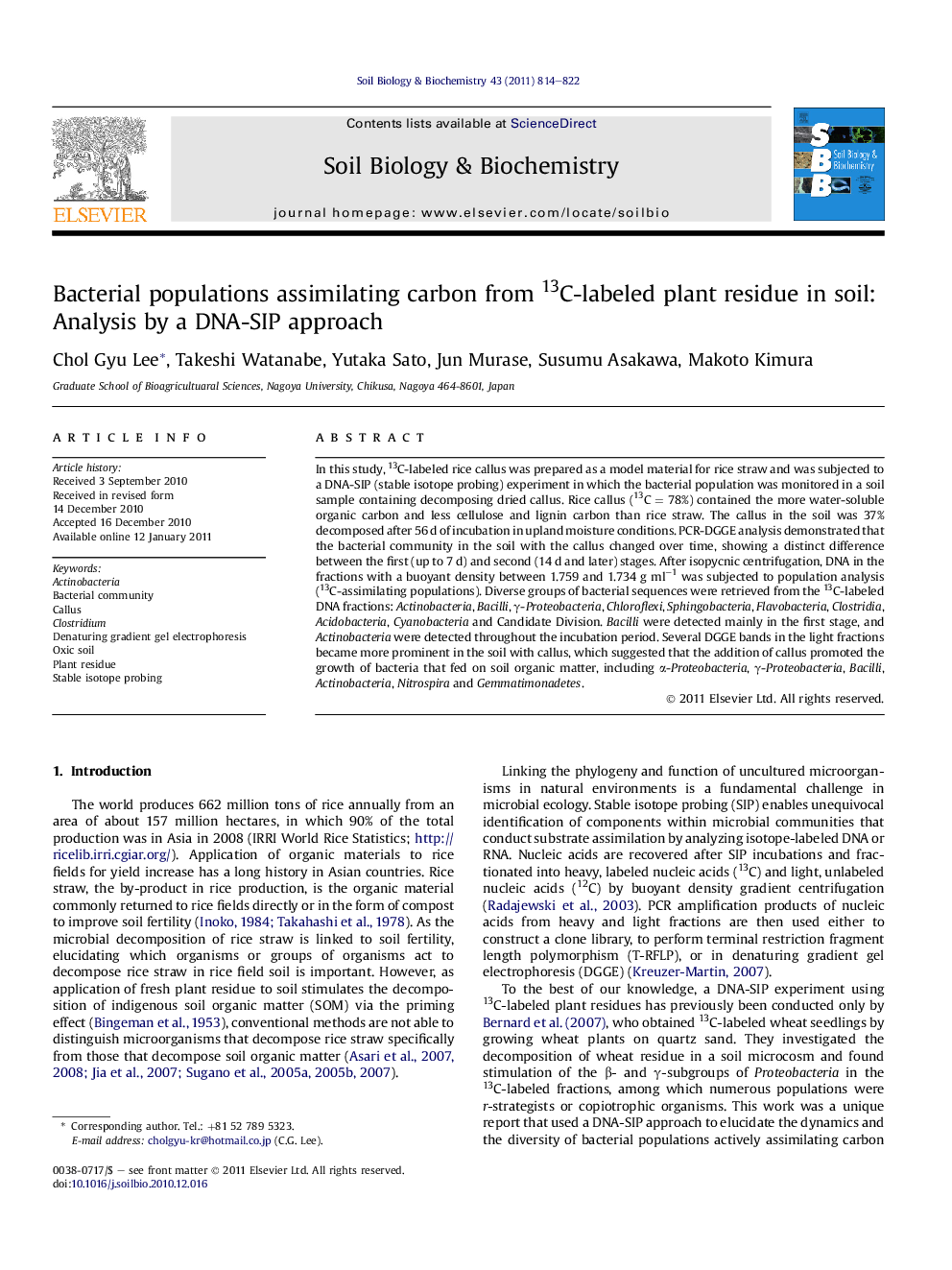 Bacterial populations assimilating carbon from 13C-labeled plant residue in soil: Analysis by a DNA-SIP approach