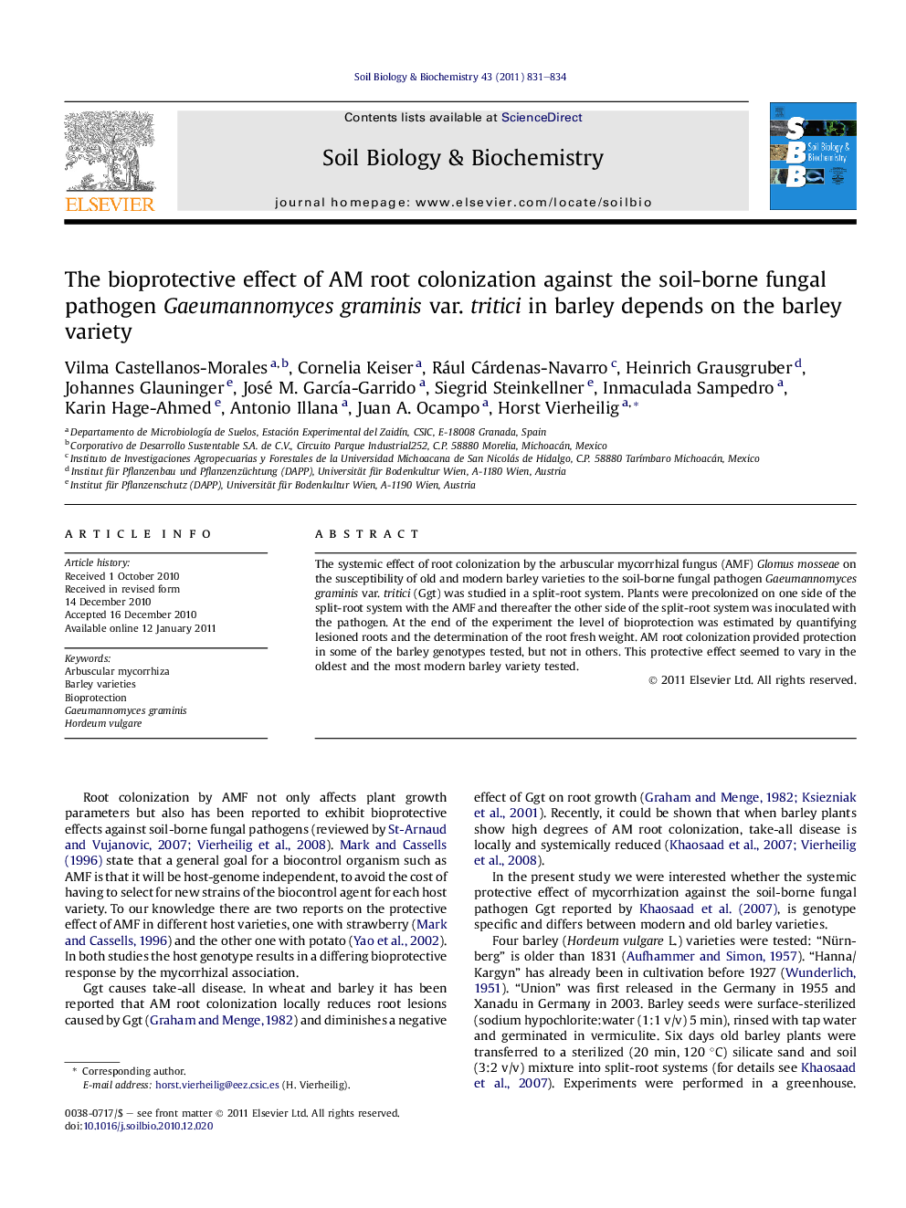 The bioprotective effect of AM root colonization against the soil-borne fungal pathogen Gaeumannomyces graminis var. tritici in barley depends on the barley variety