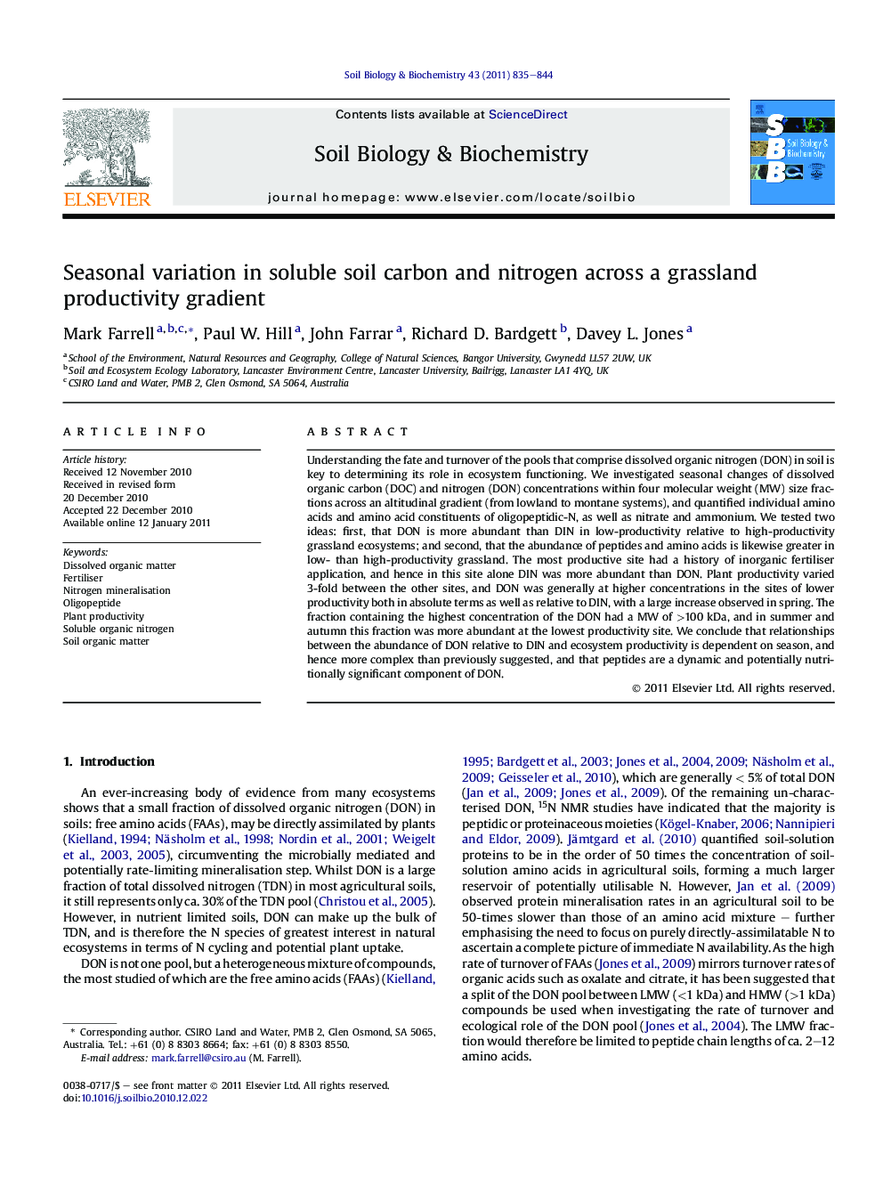 Seasonal variation in soluble soil carbon and nitrogen across a grassland productivity gradient