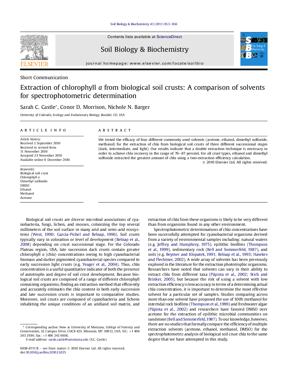 Extraction of chlorophyll a from biological soil crusts: A comparison of solvents for spectrophotometric determination