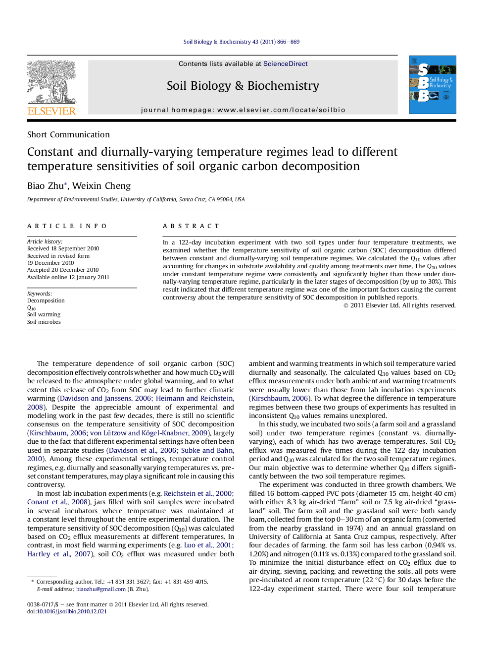 Constant and diurnally-varying temperature regimes lead to different temperature sensitivities of soil organic carbon decomposition