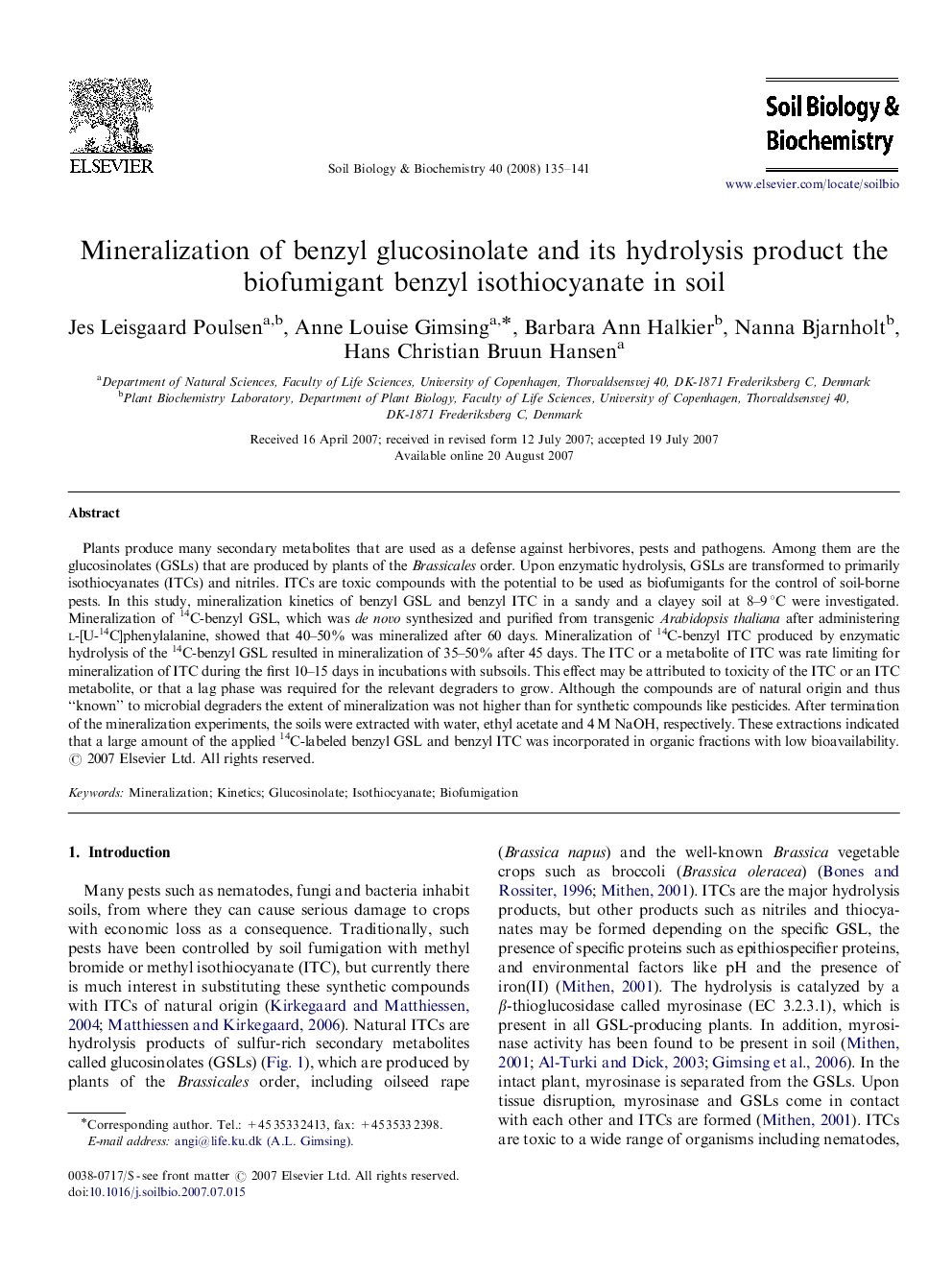 Mineralization of benzyl glucosinolate and its hydrolysis product the biofumigant benzyl isothiocyanate in soil