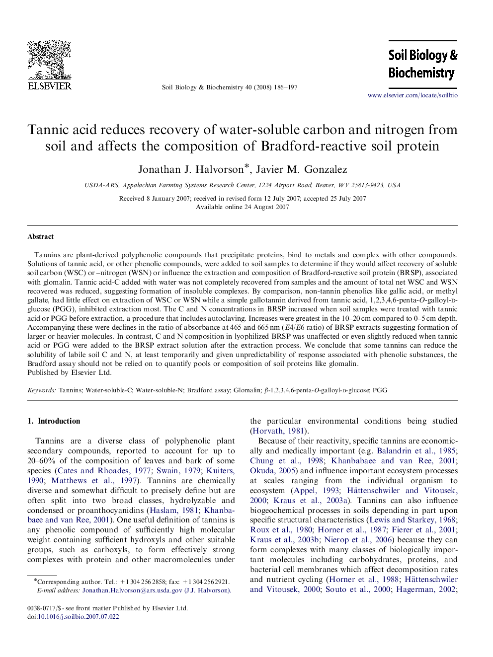 Tannic acid reduces recovery of water-soluble carbon and nitrogen from soil and affects the composition of Bradford-reactive soil protein