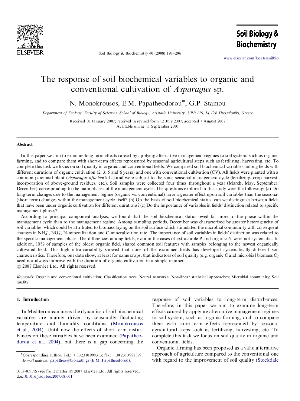 The response of soil biochemical variables to organic and conventional cultivation of Asparagus sp.