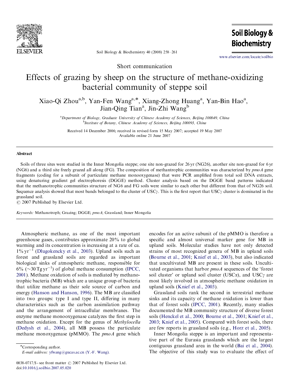 Effects of grazing by sheep on the structure of methane-oxidizing bacterial community of steppe soil