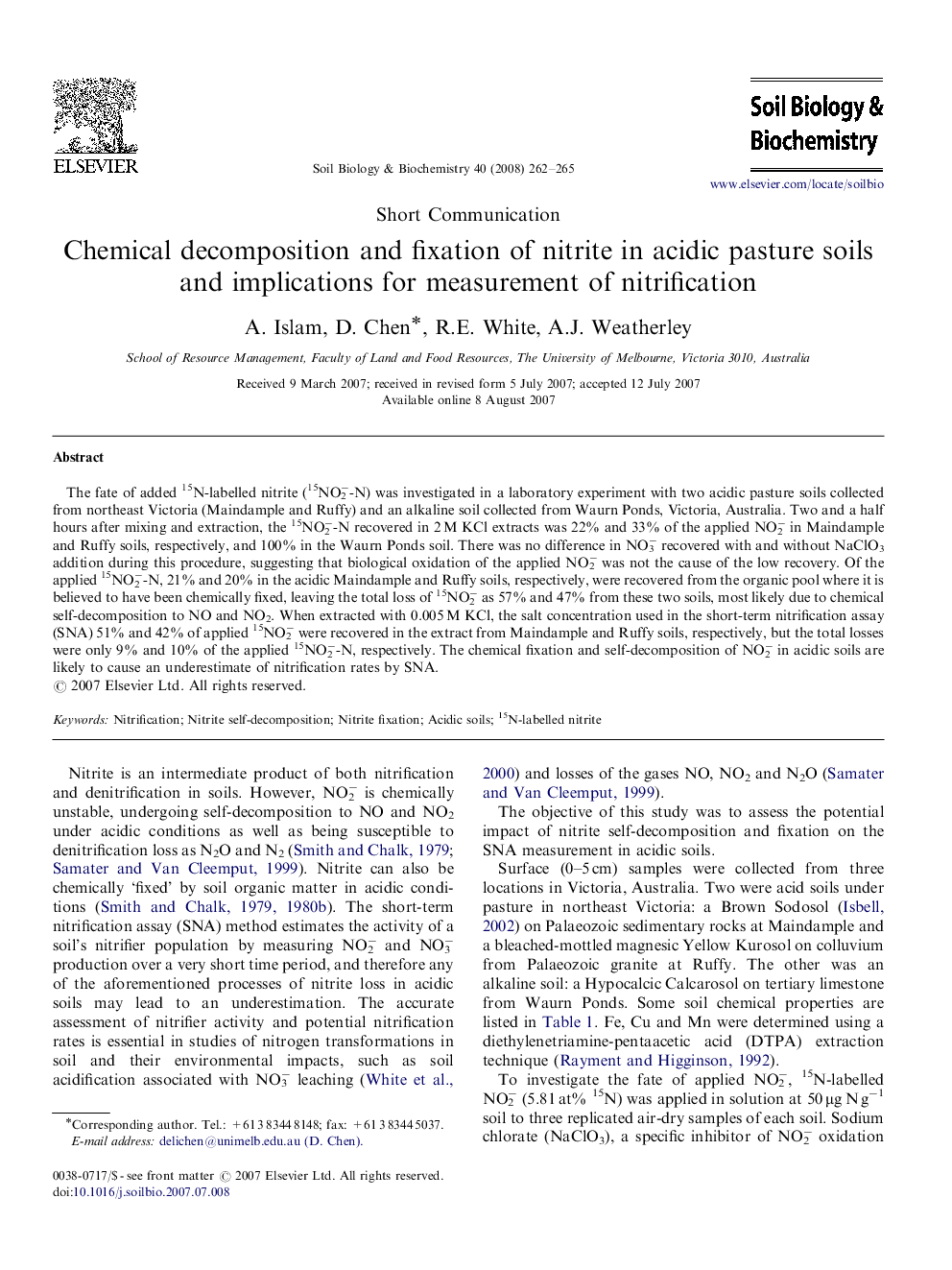 Chemical decomposition and fixation of nitrite in acidic pasture soils and implications for measurement of nitrification