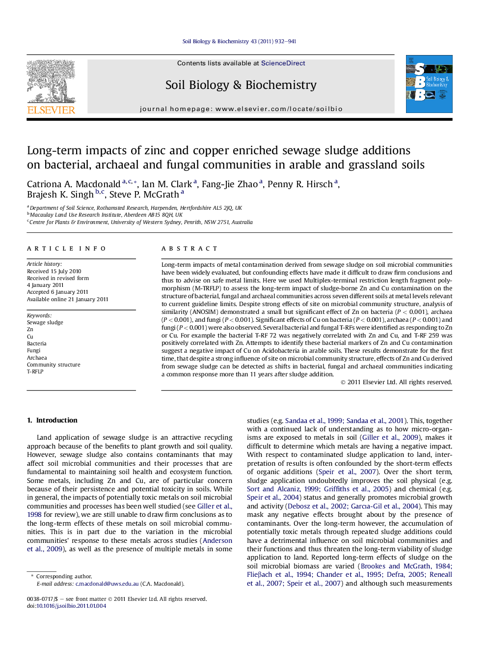 Long-term impacts of zinc and copper enriched sewage sludge additions on bacterial, archaeal and fungal communities in arable and grassland soils