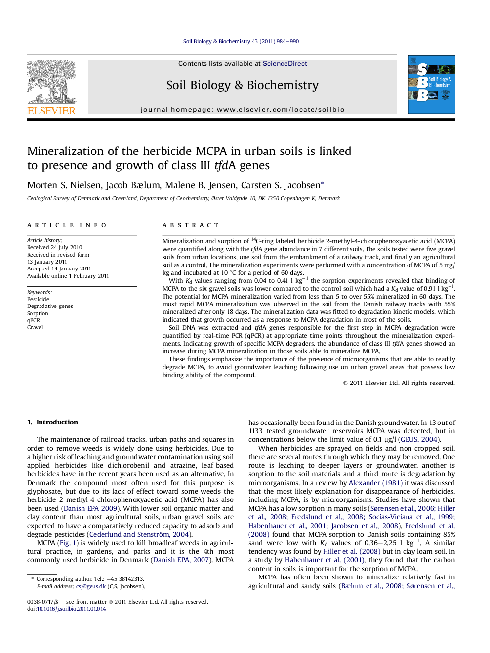 Mineralization of the herbicide MCPA in urban soils is linked to presence and growth of class III tfdA genes