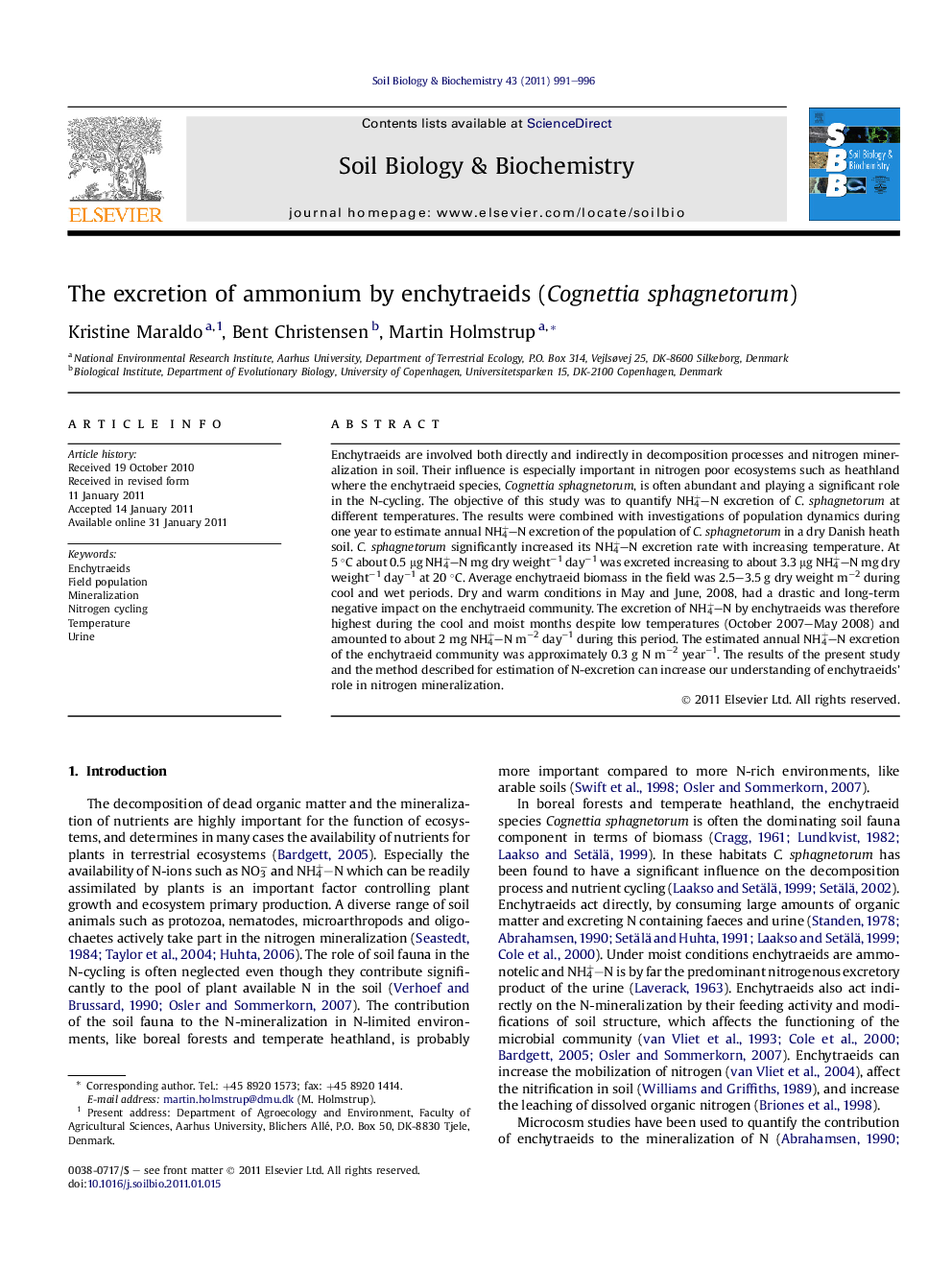 The excretion of ammonium by enchytraeids (Cognettia sphagnetorum)