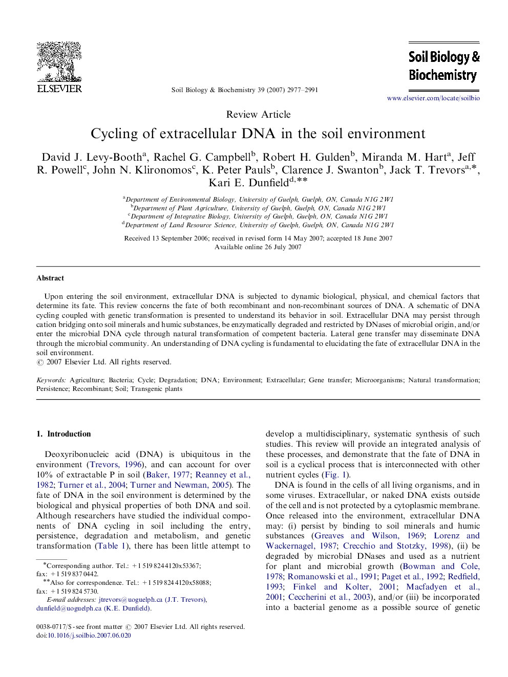 Cycling of extracellular DNA in the soil environment