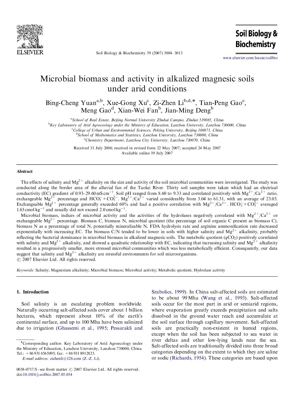 Microbial biomass and activity in alkalized magnesic soils under arid conditions