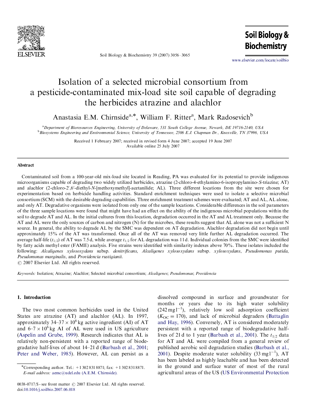 Isolation of a selected microbial consortium from a pesticide-contaminated mix-load site soil capable of degrading the herbicides atrazine and alachlor