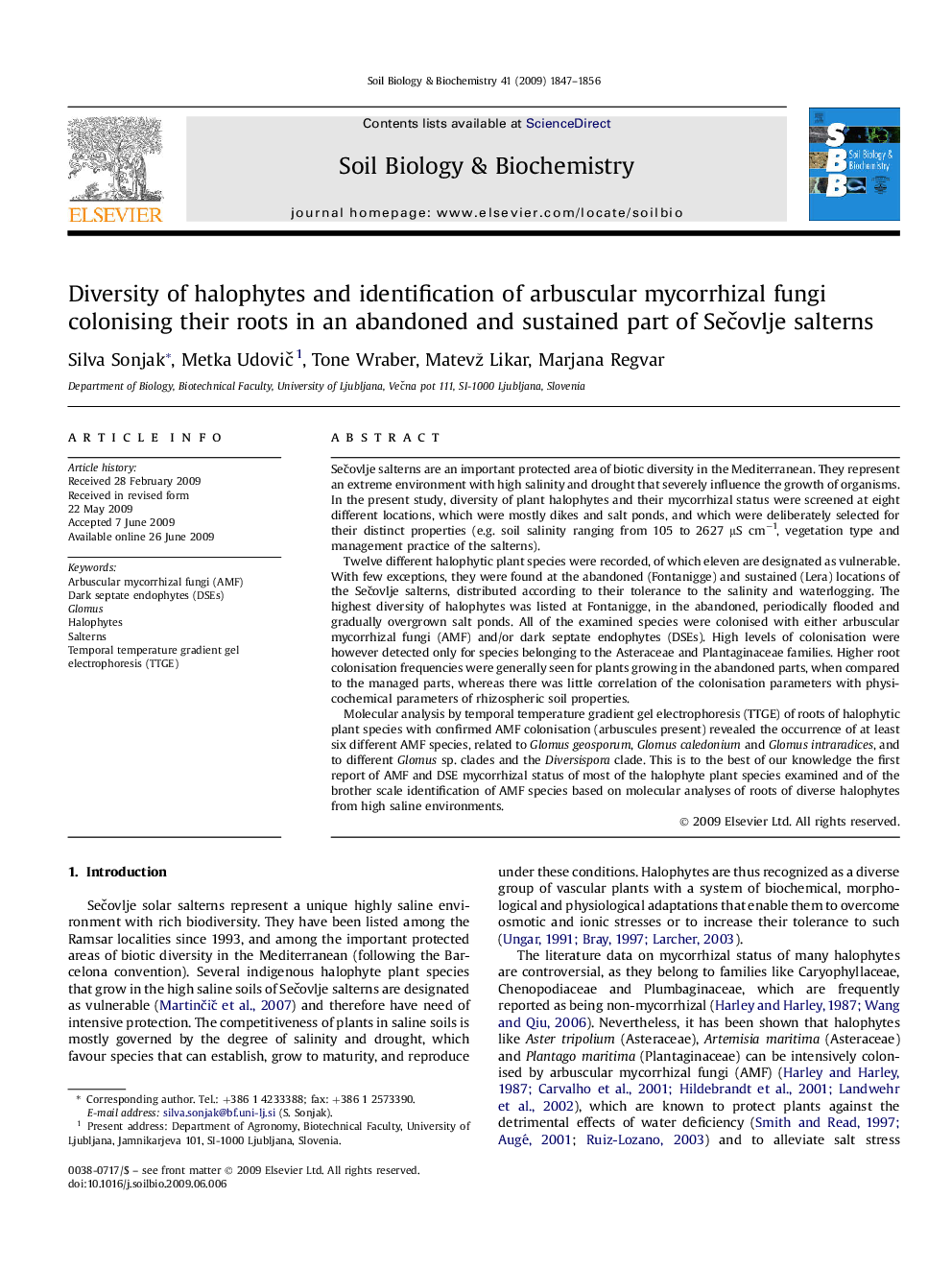 Diversity of halophytes and identification of arbuscular mycorrhizal fungi colonising their roots in an abandoned and sustained part of Sečovlje salterns