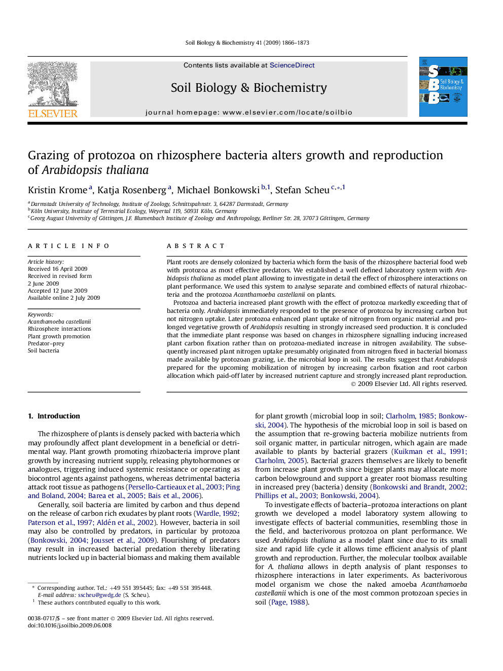 Grazing of protozoa on rhizosphere bacteria alters growth and reproduction of Arabidopsis thaliana