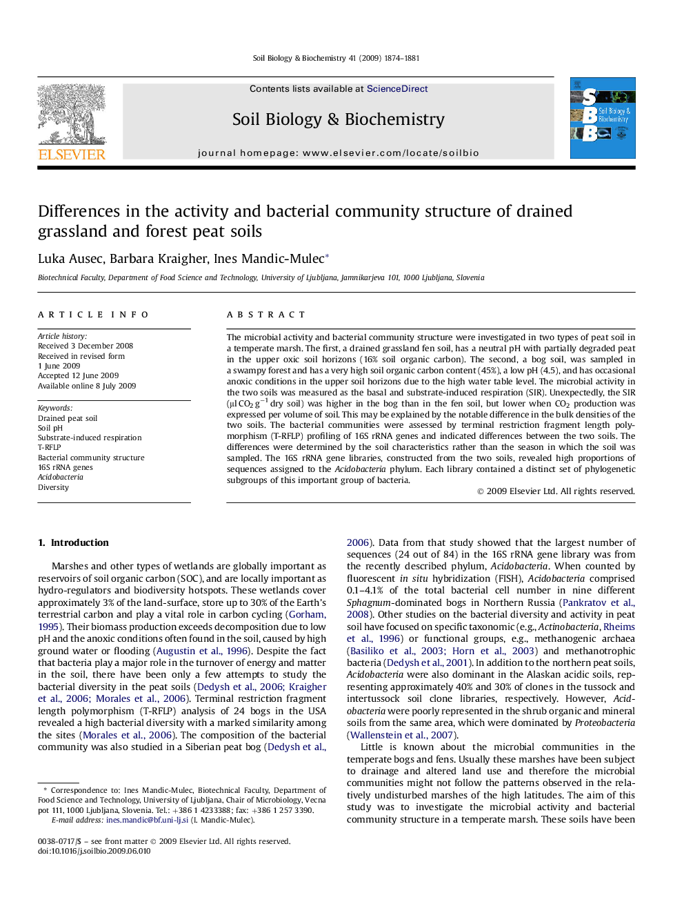 Differences in the activity and bacterial community structure of drained grassland and forest peat soils