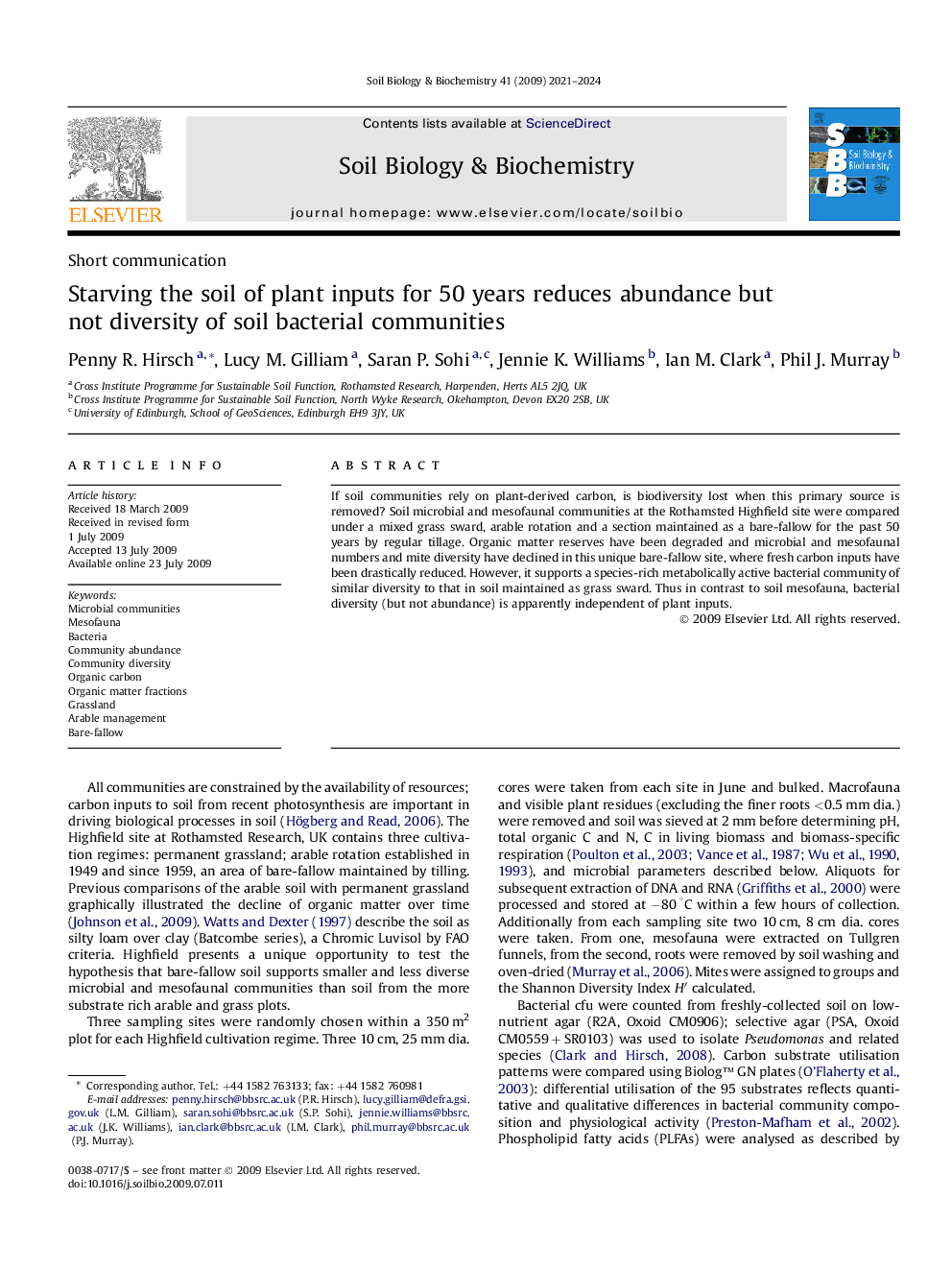 Starving the soil of plant inputs for 50 years reduces abundance but not diversity of soil bacterial communities