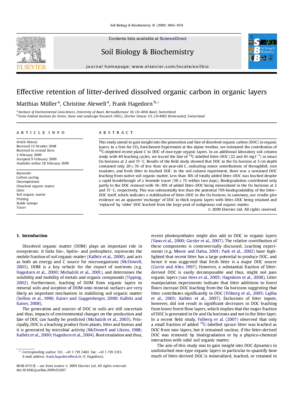 Effective retention of litter-derived dissolved organic carbon in organic layers