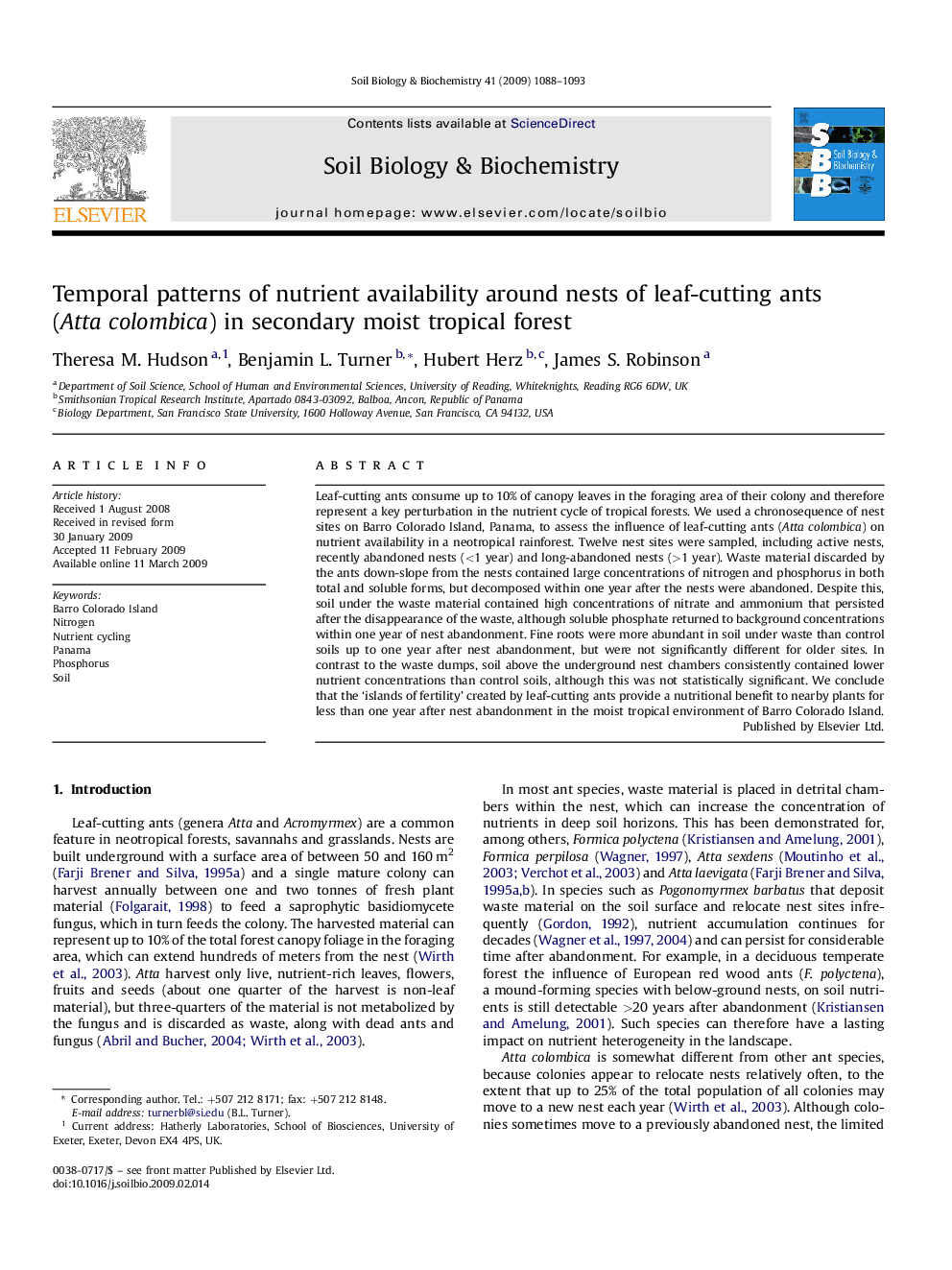 Temporal patterns of nutrient availability around nests of leaf-cutting ants (Atta colombica) in secondary moist tropical forest