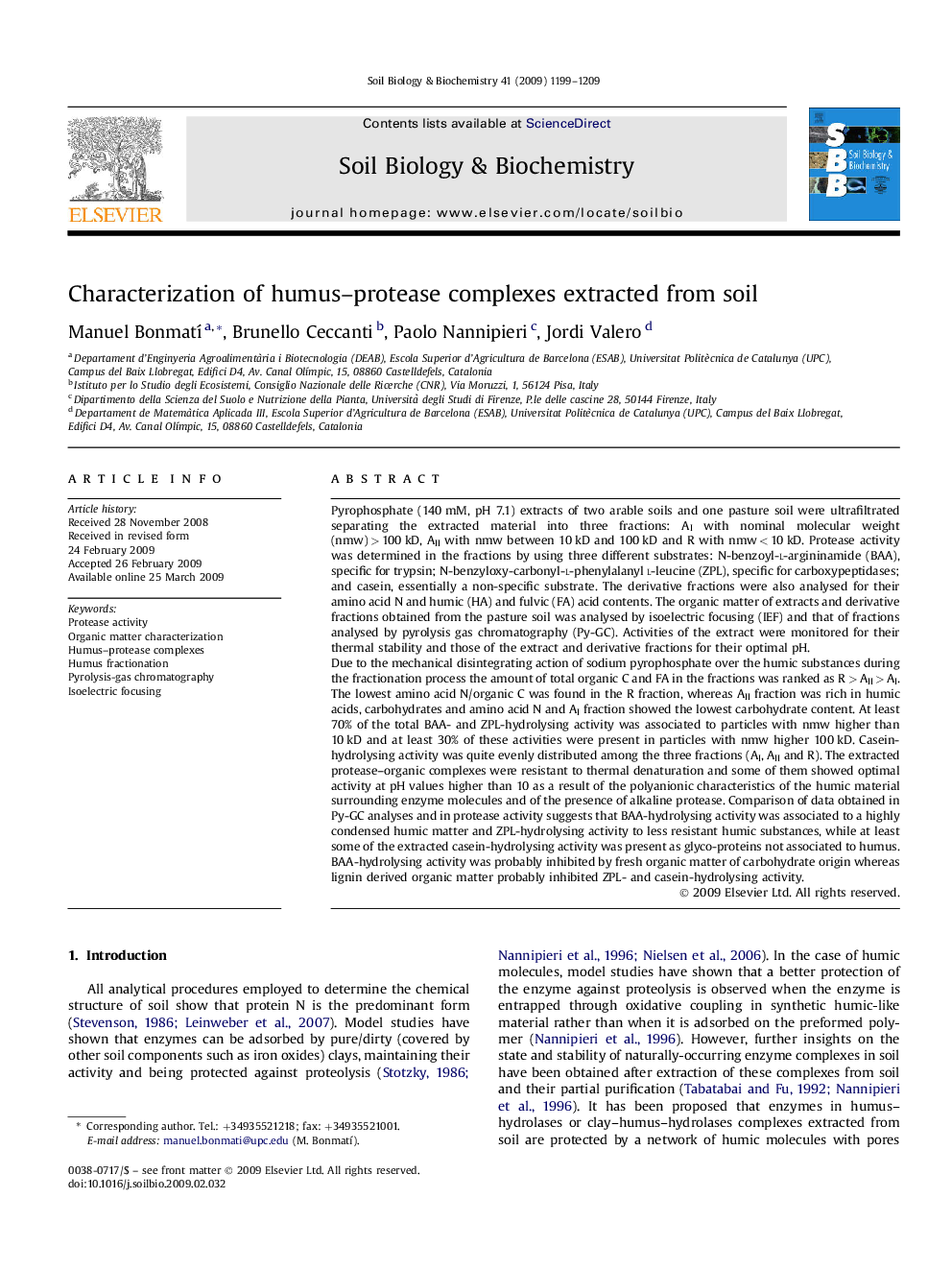 Characterization of humus–protease complexes extracted from soil