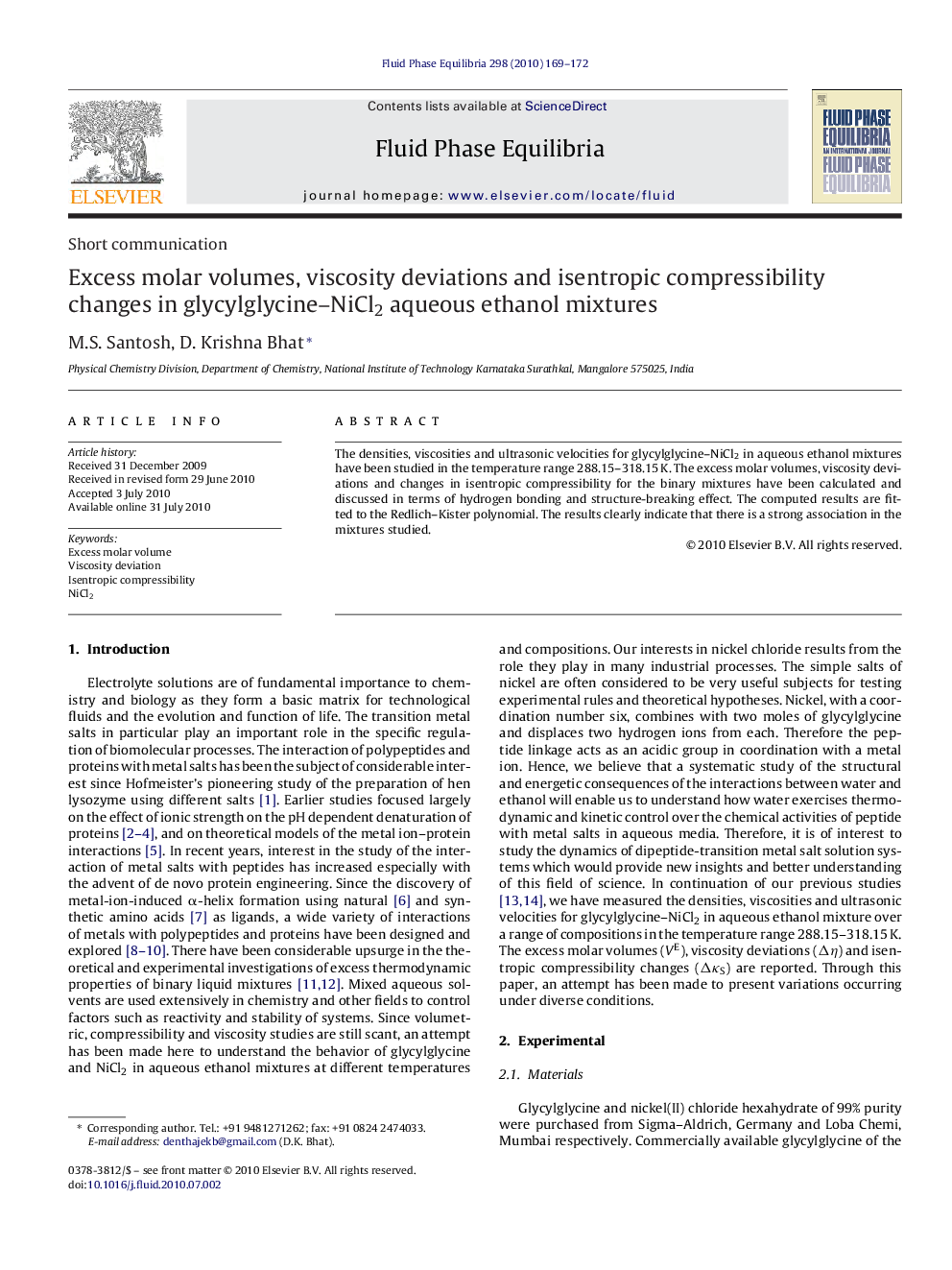 Excess molar volumes, viscosity deviations and isentropic compressibility changes in glycylglycine–NiCl2 aqueous ethanol mixtures