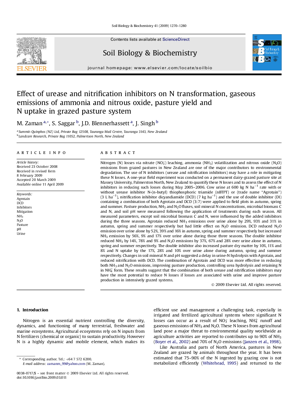 Effect of urease and nitrification inhibitors on N transformation, gaseous emissions of ammonia and nitrous oxide, pasture yield and N uptake in grazed pasture system