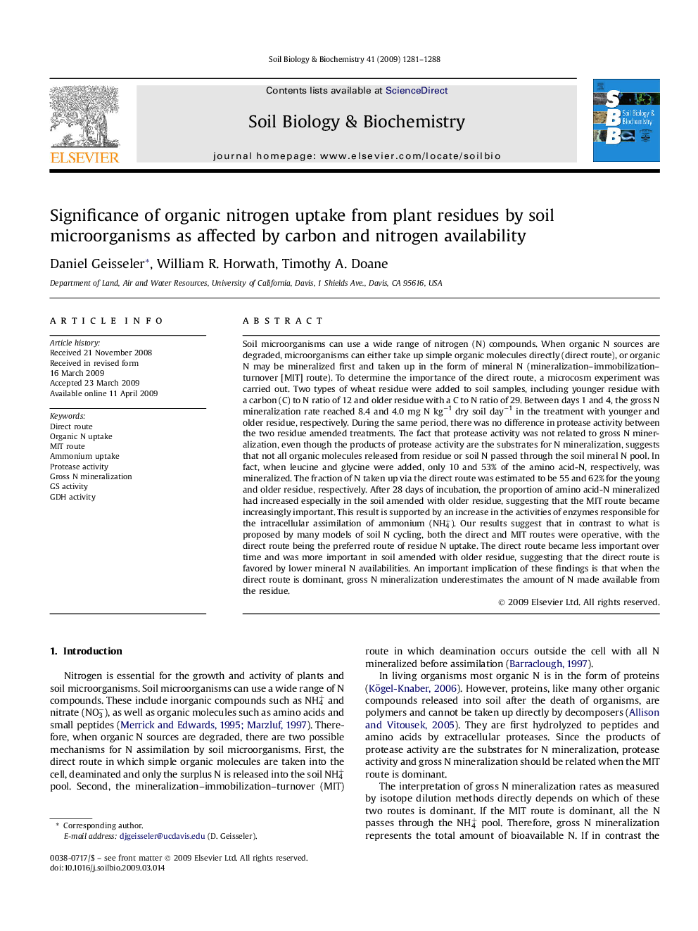 Significance of organic nitrogen uptake from plant residues by soil microorganisms as affected by carbon and nitrogen availability