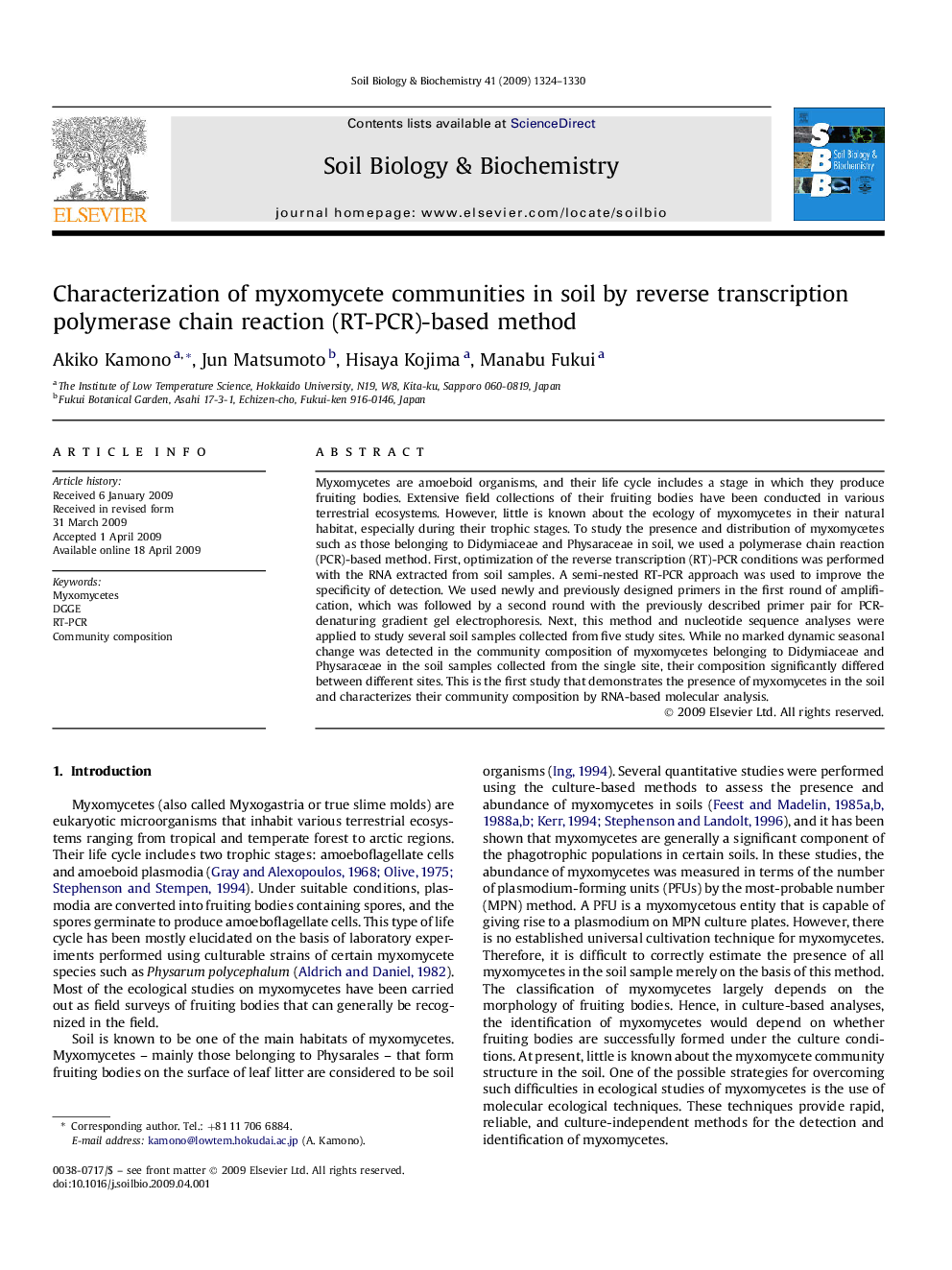 Characterization of myxomycete communities in soil by reverse transcription polymerase chain reaction (RT-PCR)-based method