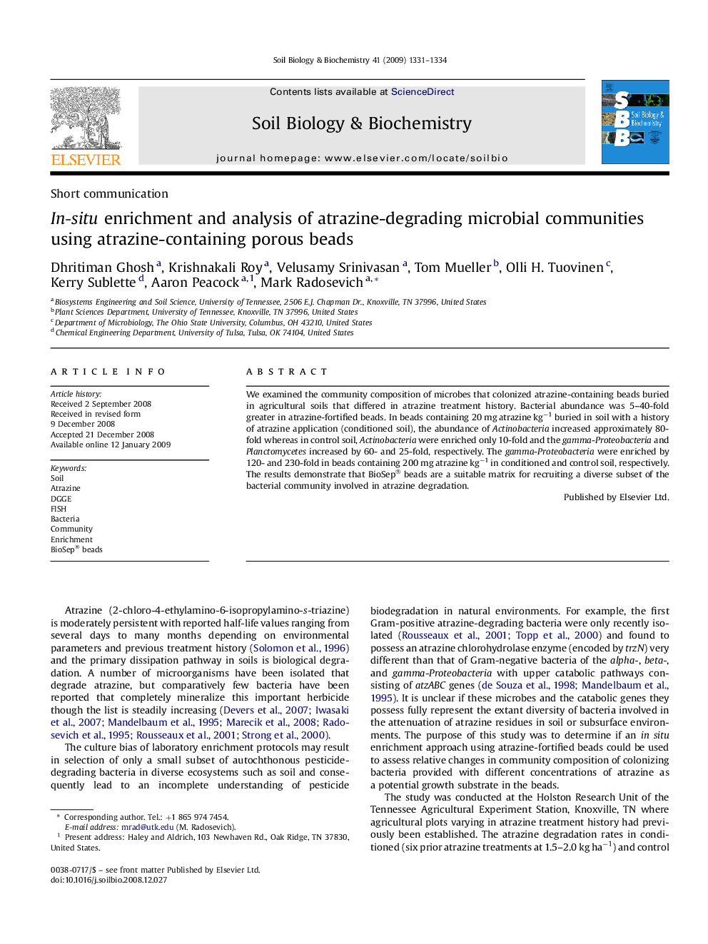 In-situ enrichment and analysis of atrazine-degrading microbial communities using atrazine-containing porous beads