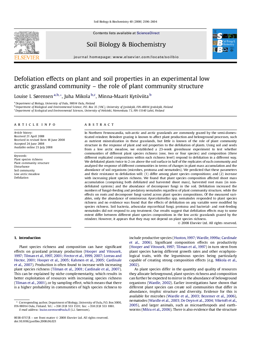 Defoliation effects on plant and soil properties in an experimental low arctic grassland community - the role of plant community structure