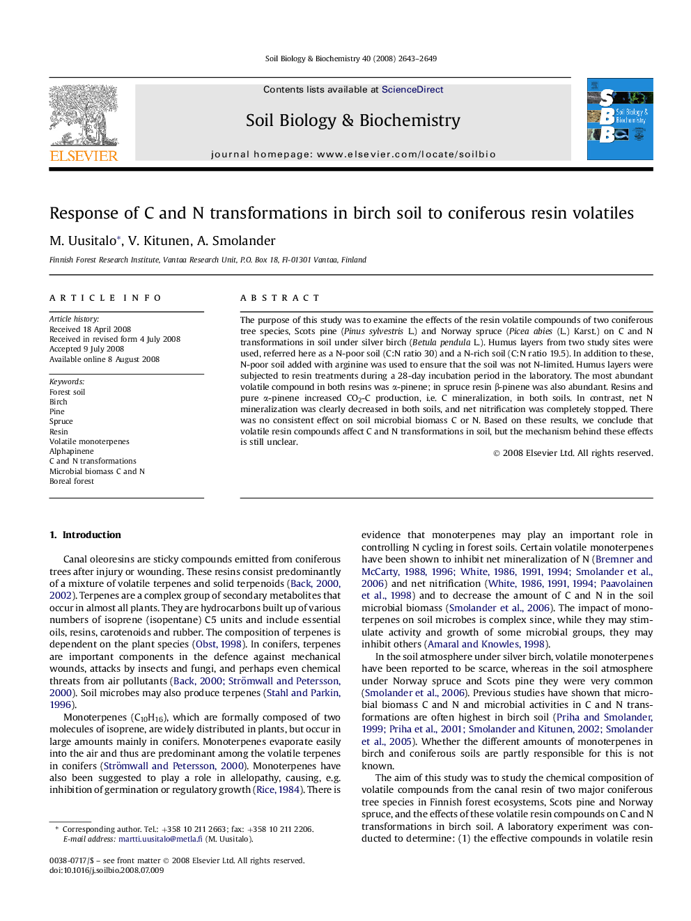 Response of C and N transformations in birch soil to coniferous resin volatiles